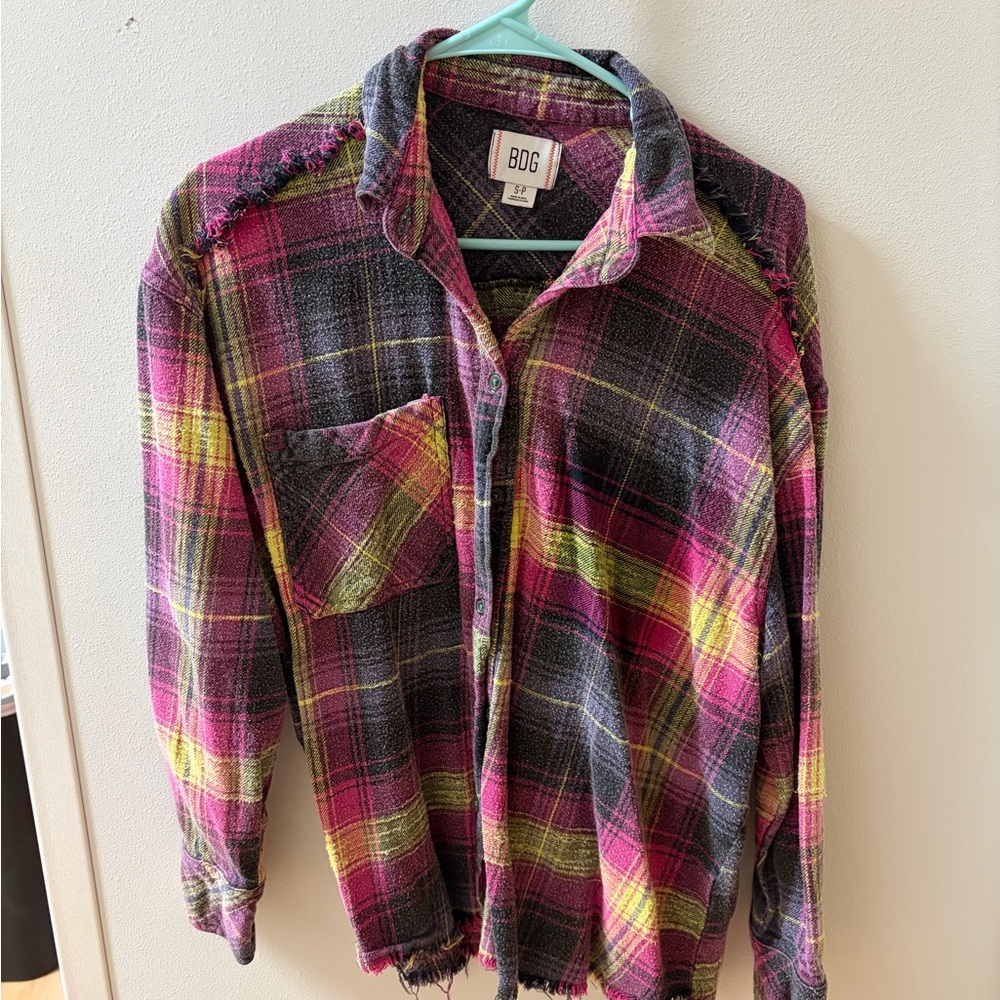 BDG Women's Plaid Button Down Shirt - Pink, Yellow, Black